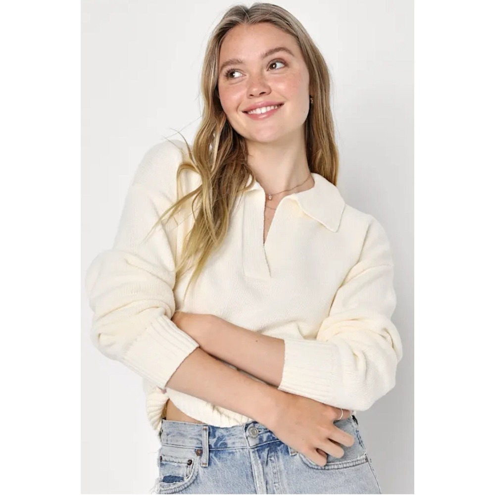 Lulus Cozy Forecast Ivory Collared Pullover Sweater Womens XL NWT Knitted Fall